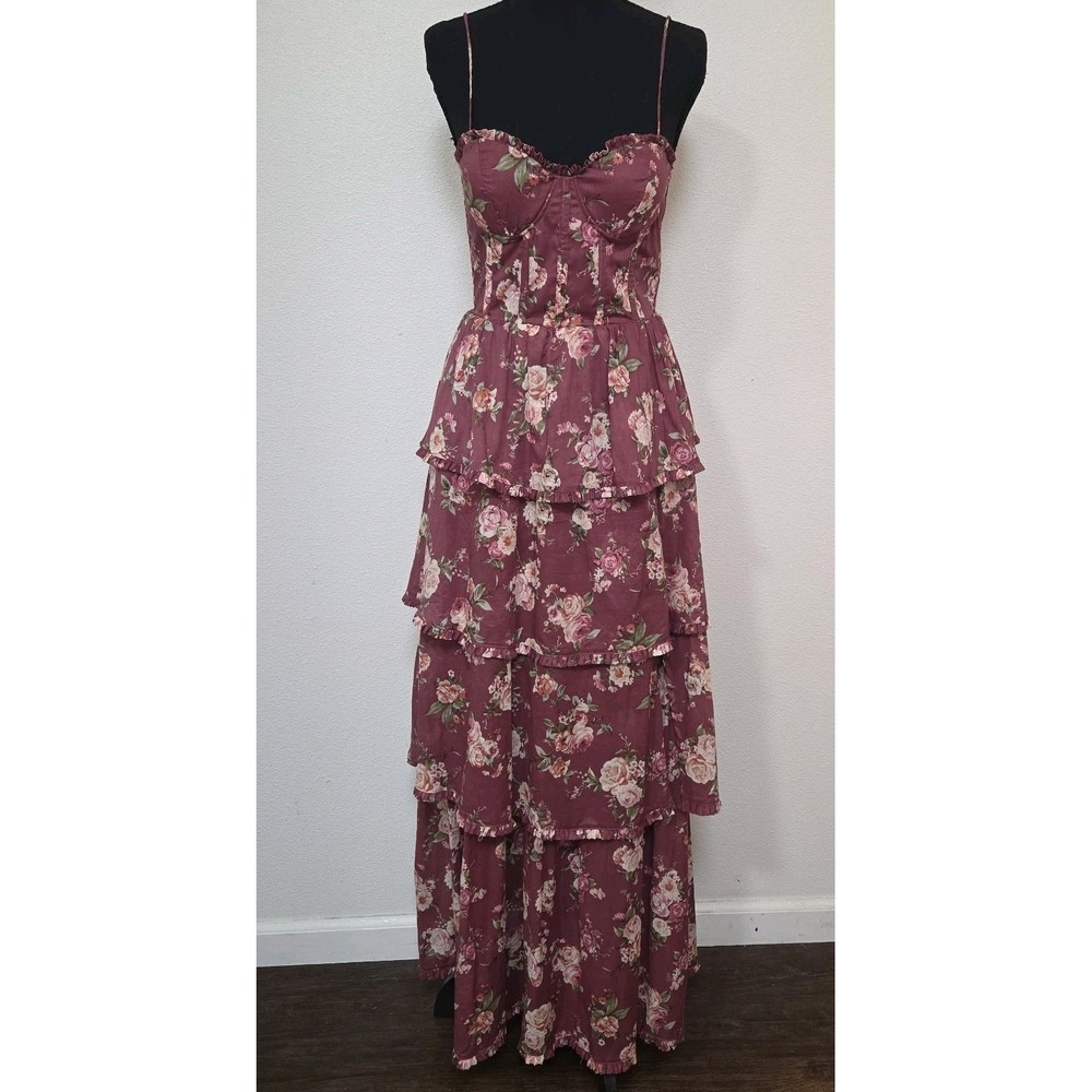 Altar'd State Women's‎ Pink Floral Corset Lace Up Tiered Ruffle Dress Sz XS